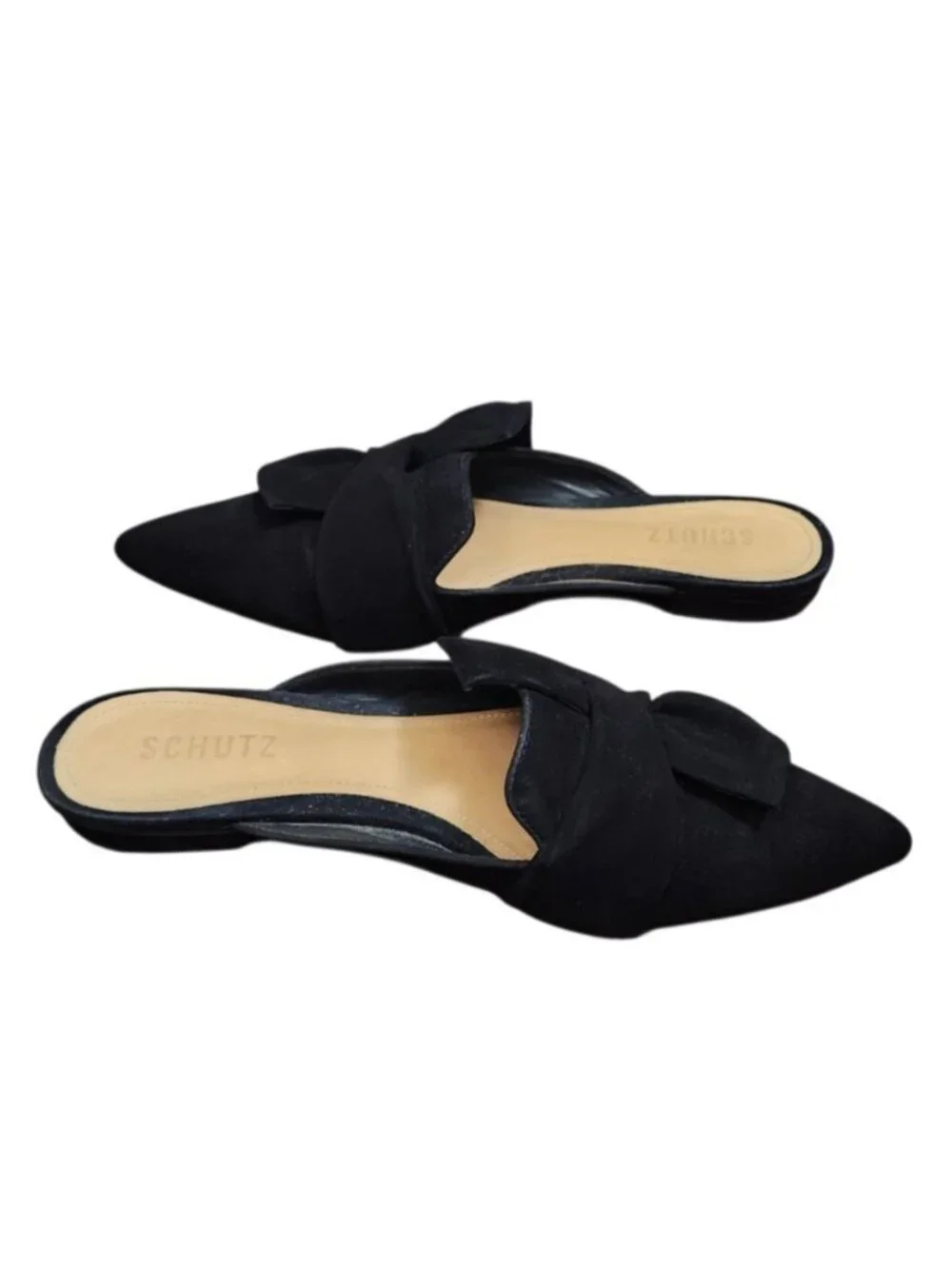 Schutz Black Suede Bow Pointed Toe Mule Flats Women’s Size 8.5B Leather
